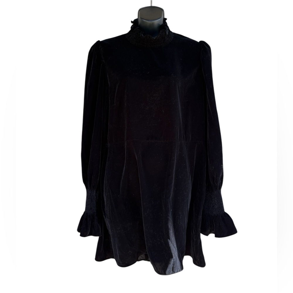 Zara Black Long Sleeve velvet mini Dress Sz XL mock neck ruffle sleeve preloved - Picture 10 of 10